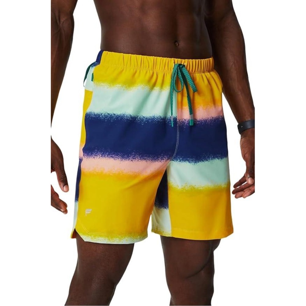 Fabletics Mens The 7‎ Inch One Short Yellow Multi Stripe Quick Dry Gym Shorts L